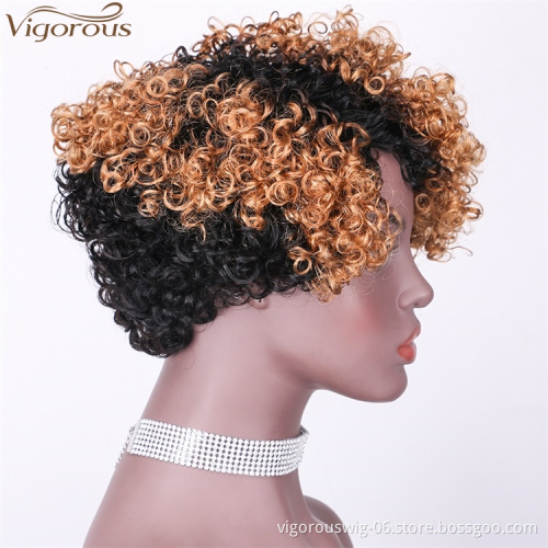 Vigorous Top Quality Ombre Black Roots To Brown Afro Kinky Curly Wigs for Black Women Short Side Part Human Hair Wholesale Price